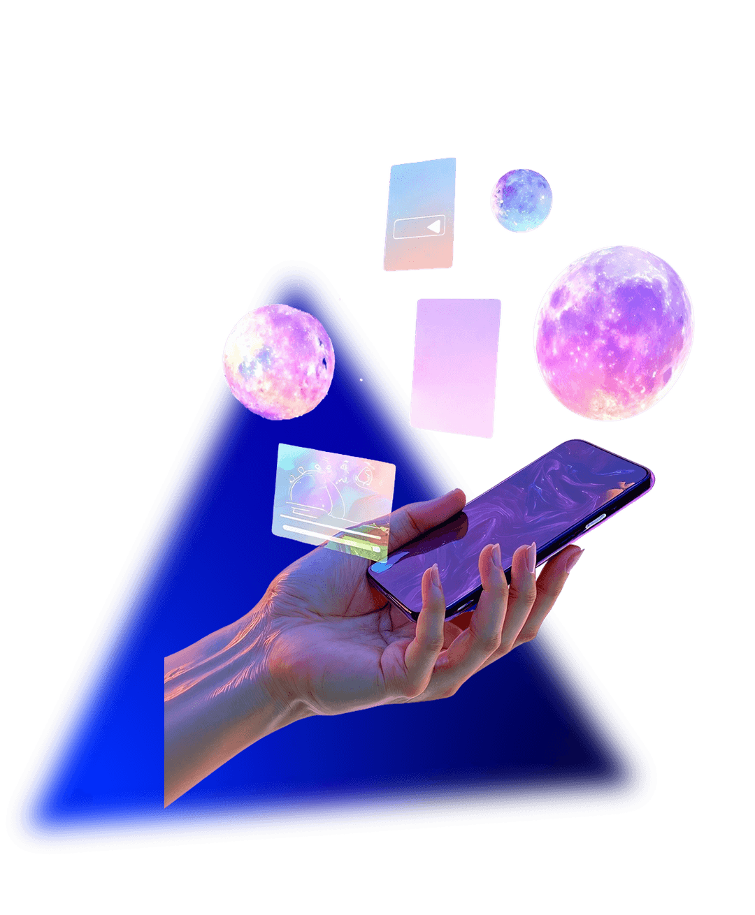 Mano sosteniendo celular con interfaz de marketing digital